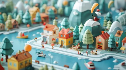 A cute isometric diorama of a small town with a river running through it. - obrazy, fototapety, plakaty
