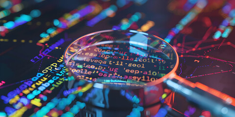 Code Magnified, Digital Inspection | Magnifying Glass on Stock Chart | Scanning binary code technology, magnifier examining code search, exploring, examining