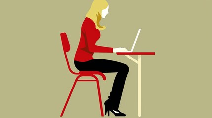  A woman seated at a table, laptop in front, red chair nearby