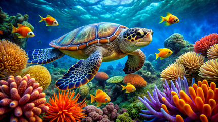 A majestic sea turtle in colorful coral reefs with bright fish. Capture the underwater world's beauty! Ideal for travel posters, backgrounds, covers and eco-tourism marketing. - obrazy, fototapety, plakaty