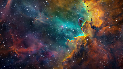 Fototapeta na wymiar The breathtaking spectacle of a nebula, awash with colors, serving as the dramatic backdrop for a planet's silent orbit within a star-studded expanse