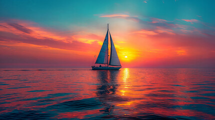 Alone sailboat drifts on a calm sea with scarlet sunset on the background. A romantic escape to paradise awaits. Ideal for travel posters, wedding invitations, and promoting unforgettable getaways. - obrazy, fototapety, plakaty