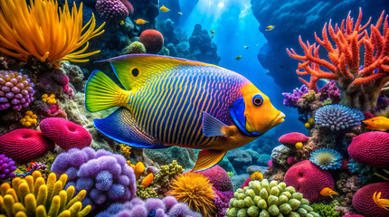 Brilliant angelfish swims near colorful coral reefs. A captivating close-up of underwater beauty. Ideal for travel projects, wallpapers, covers, promoting eco-tourism and promoting diving adventures. - obrazy, fototapety, plakaty