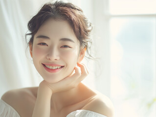 Young South Korean Woman Posing Indoors, Looking at Camera