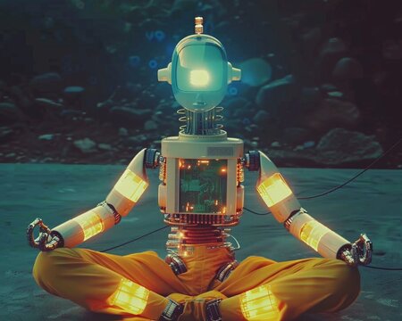 A robot meditating in a lotus pose, its circuits glowing with a calm, inner light, exploring the concept of artificial consciousness ,