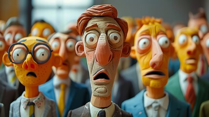 A group of claymation characters with shocked expressions on their faces.