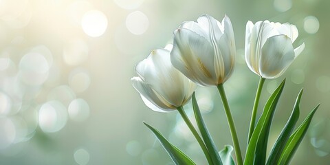 Elegant white tulips with a translucent glow against a sparkling bokeh background