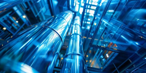 Gleaming blue industrial pipes with a dynamic perspective and bokeh light effects