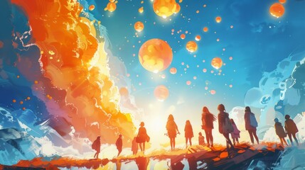 A group of people are walking on a cliff. The sky is filled with glowing lanterns.
