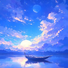 Refreshingly Calm Nighttime Lake Scene with a Boat and Starry Sky