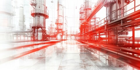 Abstract industrial background with a blend of technical drawings and red-toned refinery