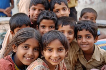 Group of happy indian kids smiling at the camera in India.