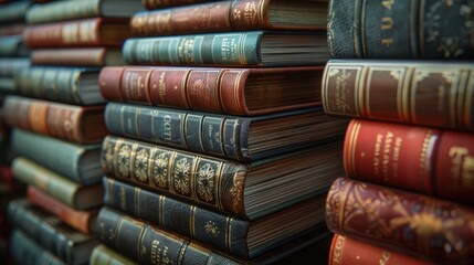 A library of old books with leather covers - obrazy, fototapety, plakaty