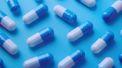 Double white and blue capsules. Pills on a blue background