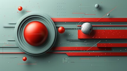   A red-gray abstract backdrop hosts a sphere and a horizontal row of alternating red and white balls, situated centrally - obrazy, fototapety, plakaty