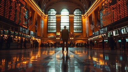 A man standing in the middle of a busy train station.