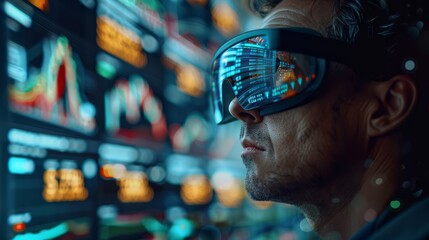 A man wearing a futuristic visor looks at a large screen ofGu Piao  market data. - obrazy, fototapety, plakaty