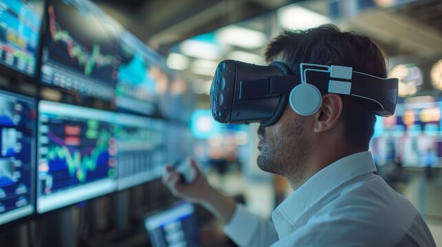 A man wearing a virtual reality headset works on the stock market.