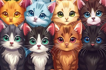 Many adorable cartoon colorful kittens cuddling together looking at you as a background