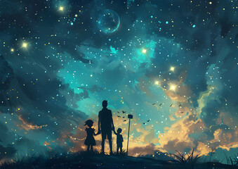 Stargazing with dad and kids on a clear night, celebrating father's day and nurturing family bonds. - obrazy, fototapety, plakaty