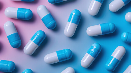 Double white and blue capsules. Pills on a blue background