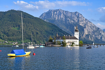 Castle Schloss Ort Orth on lake Traunsee in Gmunden landascape Austria - 793099701