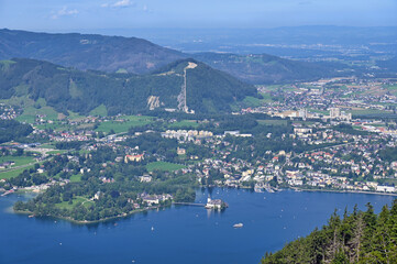 Panoramic view of water castle Schloss Ort Orth on lake Traunsee in Gmunden Austria
