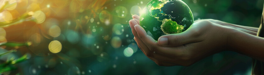 Hands cradle a glowing green globe, their touch symbolizing a commitment to sustainable living and eco-friendly practices - obrazy, fototapety, plakaty