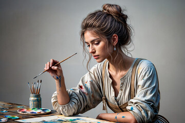 A woman is painting a picture with a brush.