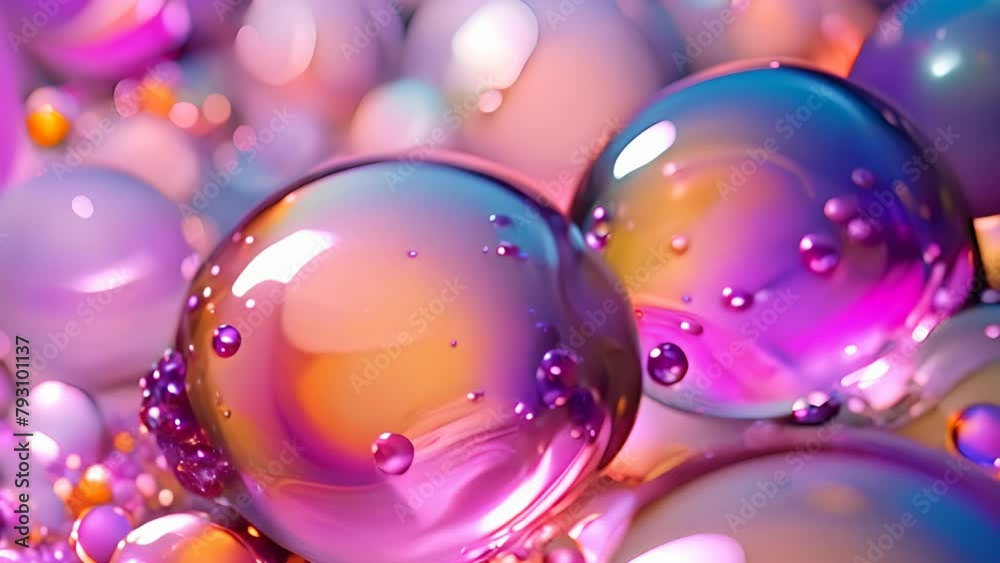 Poster pink holographic bubbles floating on the soft colorful abstract background in beautiful vivid tones