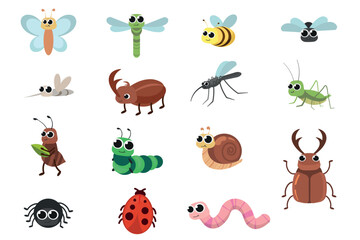 Insects set flat design. Cute cartoon bugs, snail, butterfly, warm, bee. Childish illustration.