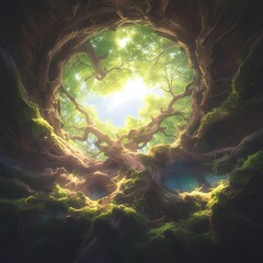 Vivid and Serene Forest Interior with Glowing Sunlight - obrazy, fototapety, plakaty