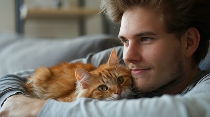 Young Man with Tabby Cat: Home Relaxation with Pet