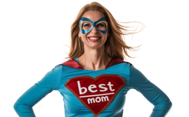 smiling woman in a blue-red superhero costume with the inscription - best mom on her chest. mother's day, motherhood, parenthood, mother, PNG object isolated on a transparent background, mockup
