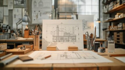 An architect's desk with blueprints and drafting tools. - obrazy, fototapety, plakaty