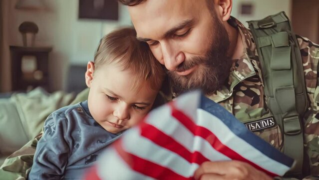 Father in military uniform embracing child with American flag. Family reunion and military homecoming concept