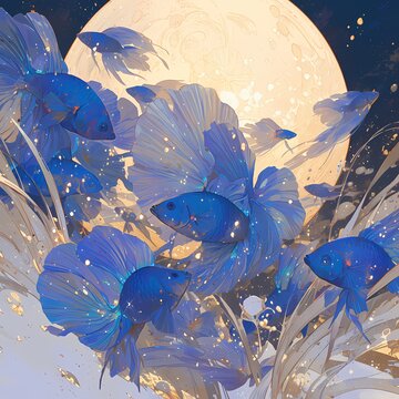 A tranquil scene captures a shoal of tiny blue betta fish swimming energetically under a full moon, embodying the beauty and serenity of nature's dance.