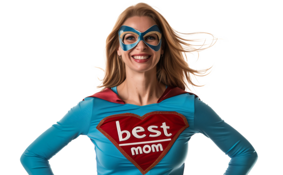 smiling woman in a blue-red superhero costume with the inscription - best mom on her chest. mother's day, motherhood, parenthood, mother, PNG object isolated on a transparent background, mockup - Powered by Adobe