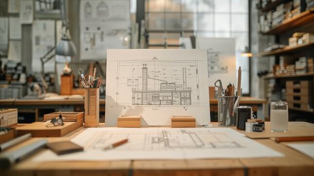An architect's desk with blueprints and drafting tools.