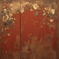 Exquisite Asian-Inspired Wooden Painting with Crimson and Gold Flowers