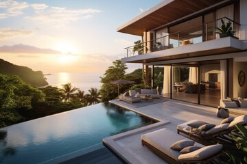 A Luxurious Tropical Villa Nestled Amidst Lush Greenery, Featuring a Stunning Infinity Pool Overlooking the Azure Ocean