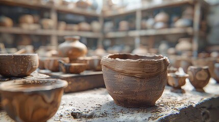 An image of a pottery workshop with a lot of handmade ceramic pots and bowls on shelves and tables. - obrazy, fototapety, plakaty