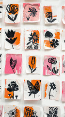 a sheet of blockprint pastry stickers, multiple perspectives