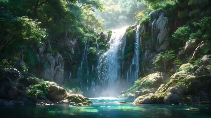 A cascading waterfall, its crystalline waters plunging into a hidden pool, surrounded by verdant...