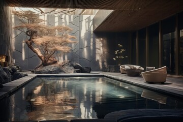 A Luxurious Modern Day Spa Interior with Tranquil Water Features, Relaxing Lighting, and Contemporary Architectural Elements
