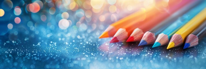 Colorful pencils on a blue bokeh background with sparkling lights