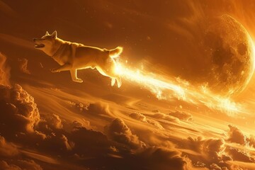A Shiba Inu dog farting in space with a fiery tail, with the moon in the background.