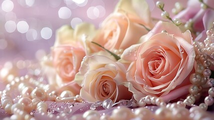 A delicate arrangement of blush-toned roses and glistening pearls, evoking timeless romance against a serene lavender backdrop
