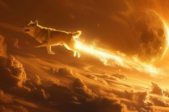 A Shiba Inu dog farting in space with a fiery tail, with the moon in the background.