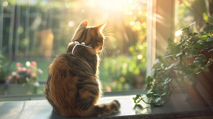 A serene photograph of a cat sitting on a warm, sunlit windowsill, gazing out at a garden, with a...